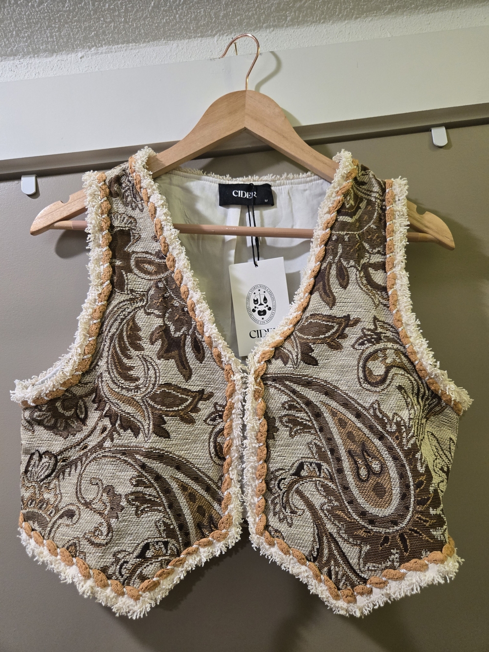 CIDER Paisley Tapestry Fringe Cropped Vest Boho Western M